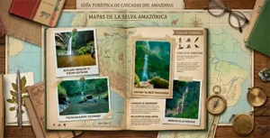 Una composición fotográfica de estilo póster de Shamiro Tours titulada "Guía de Viajes: Cataratas de Tarapoto". Muestra escenas de aventura en la selva amazónica de Perú, incluyendo personas disfrutando de baños termales, excursionistas cruzando un río, natación en un pozo de agua turquesa frente a una catarata popular y un bote navegando hacia una alta caída de agua aislada en la montaña. La imagen está rodeada de tucanes, guacamayos y flora tropical.