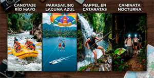 Shamiro Tours mostrando cuatro deportes de aventura en Tarapoto: canotaje en el río Mayo, parasailing sobre la Laguna Azul, rappel en cataratas y caminata nocturna por la selva.