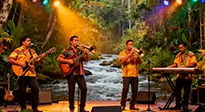 Banda de cumbia amazónica tocando guitarras eléctricas y trompetas en escenario con fondo de selva tropical